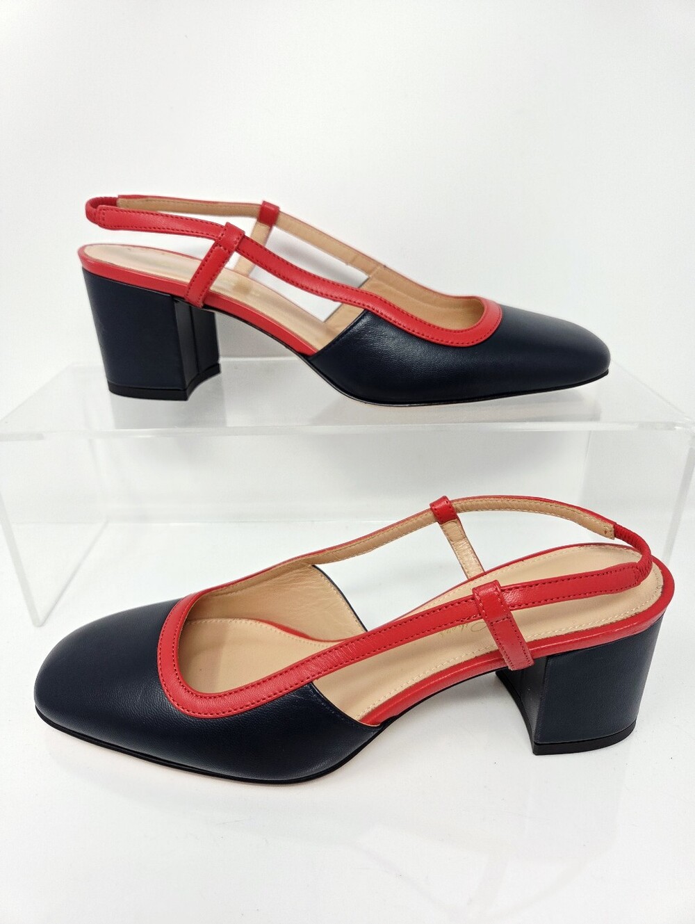 Brooks Brothers Slingback Block Heel Pumps Black Red Womens 7.5 Nautical